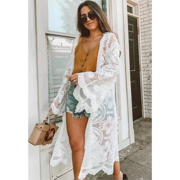 Boho Scalloped Lace Kimono Robe Bikini Coverup - Picture 4 of 16